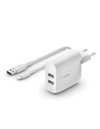 Belkin BOOST CHARGE™ Duální 24W USB-A nástěnná nabíječka + 1m lightning kabel, bílá