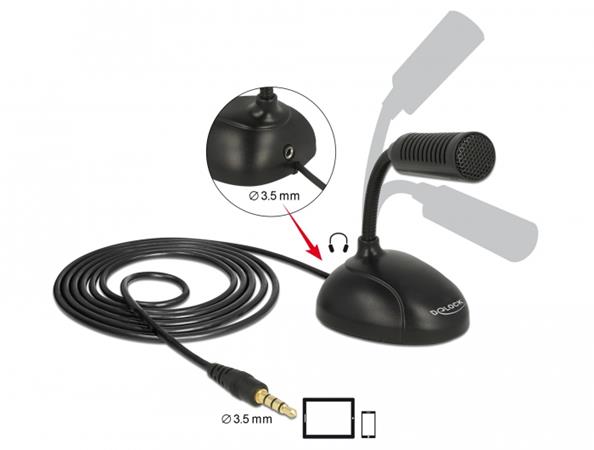 Delock Kondenzátorový mikrofon všesměrový pro Smartphon / Tablet s husím krkem 3,5 mm 4 pin stereo jack samec + 3,5 mm s