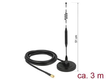 Delock LTE Anténa SMA samec 6 dBi všesměrová pevná s magnetickou základnou a připojovací kabel (RG-58, 3 m) venkovní černý