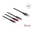 Delock Nabíjecí kabel USB 3 v 1 pro Lightning™ / Micro USB / USB Type-C™, 30 cm