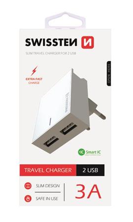 SWISSTEN SÍŤOVÝ ADAPTÉR SMART IC, CE 2x USB 3 A POWER BÍLÝ
